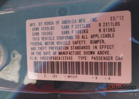 2012 Honda Accord 2.4 Se z USA, uszkodzony, nr VIN 1HGCP2F68CA123545